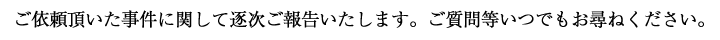 ご依頼頂いた事件に関して逐次ご報告いたします。ご質問等いつでもお尋ねください。